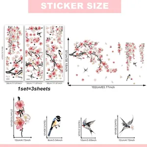 Pink floral branch and bird wall sticker set with detailed dimension and size chart