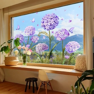 Purple hydrangea window stickers with butterflies on a scenic glass window background