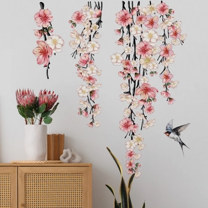 Pink cherry blossom branch wall decals with flying bird for home living room decor