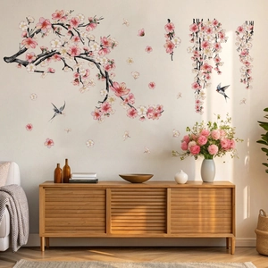Pink floral wall decals with cherry blossom branches and birds for bedroom decoration