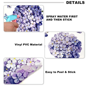 Detail showing Vinyl PVC material and easy-to-apply purple hydrangea window sticker