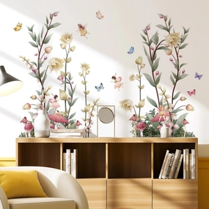 Watercolor Flower Fairy Wall Stickers PVC Butterfly Mushroom Decals For Bedroom Living Room Kids Nursery Hand Painted Style