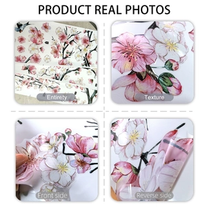 Detailed views of pink floral wall stickers showing texture, front and adhesive backing side