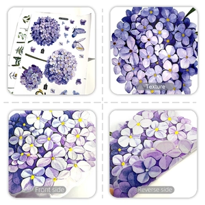 Close-up of gold-stamped purple hydrangea static window stickers showing texture details