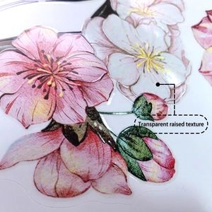 Macro detail of cherry blossom wall sticker with 3D transparent raised texture