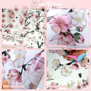 Detail of waterproof vinyl pink floral wall decals showing HD printing and adhesive backing
