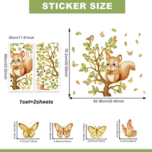 Autumn squirrel and tree branch wall decals with golden leaves for home decoration