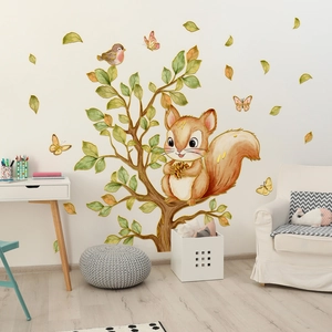 Squirrel Tree Branch Wall Stickers Gold Foil Waterproof PVC Vinyl Cartoon Animal Decals For Kids Nursery Bedroom