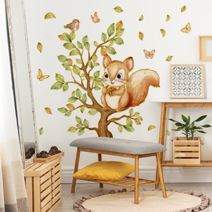 Cartoon squirrel and bird tree wall decals with gold foil accents for nursery home decor