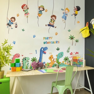 Cute cartoon dinosaurs and kids climbing ropes wall decal set for children's bedroom decor