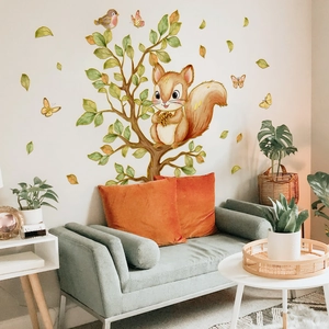 Golden forest wall decal featuring squirrels and birds on branches for home decor