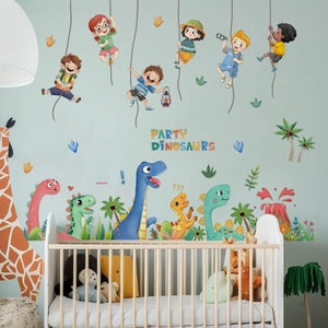 Cartoon dinosaur wall stickers set with palm trees and volcano for children nursery room decor