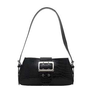 Glossy black crocodile pattern underarm baguette bag with silver metal buckle detail