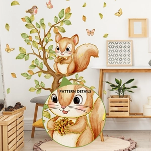 Watercolor squirrel and bird on tree branch wall decals for nursery bedroom decor