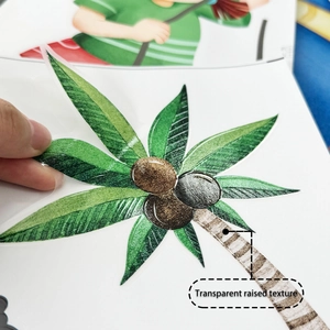 Detail of 3D embossed wall sticker showing transparent raised texture on green palm leaves