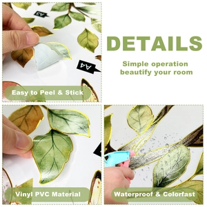 Waterproof gold-edged leaf wall decals showing easy peel and stick vinyl material
