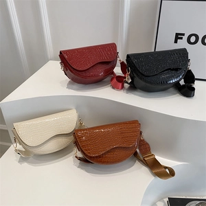 French style crocodile pattern saddle crossbody bag in four colors with wide strap