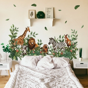 Stickers Muraux Animaux de la Jungle Dessin Animé Lion Girafe Zèbre Feuilles Tropicales PVC Autocollants pour Chambre d'Enfant Décoration Maison