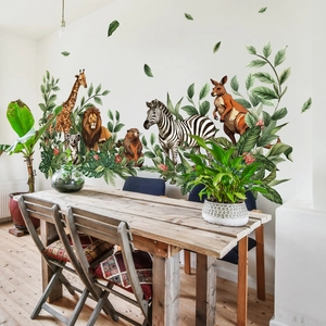 Stickers muraux animaux de la jungle avec lion et girafe pour décor de salon