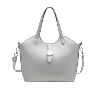 Silver metallic tote bag with decorative straps and adjustable shoulder strap for commute