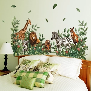 Stickers muraux d'animaux sauvages et feuilles tropicales avec lions et girafes pour chambre