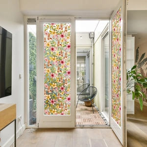 Floral bunny window stickers showing watercolor patterns on glass terrace doors