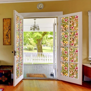Floral bunny window film with pink lilies on white wooden glass doors for home decor