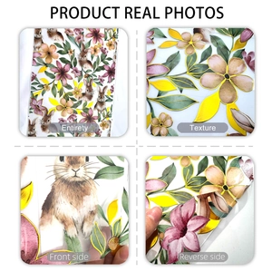 Detail views of floral rabbit static window stickers showing texture and double-sided design
