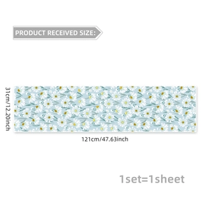 Detailed view of the 121x31cm daisy pattern window film with blue floral background