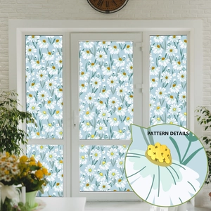 Daisy floral static window film with blue background on glass doors for home decor