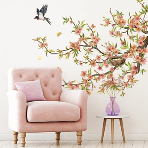 Adesivo da Parete con Ramo di Albero di Fiori Rosa Uccello Pastorale Cinese Decorazione Sfondo Casa Murale in PVC Autoadesivo Soggiorno Camera da Letto