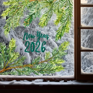 Dettaglio dell'adesivo statico per Capodanno 2026 con design di aghi di pino verdi