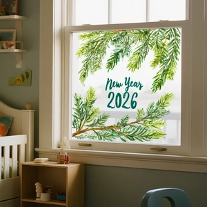 Dettaglio dell'adesivo per finestra con ramo di pino acquerello Capodanno 2026 decorativo