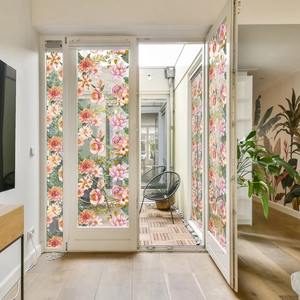 Detail view of colorful floral bunny static window film on glass door for home decoration