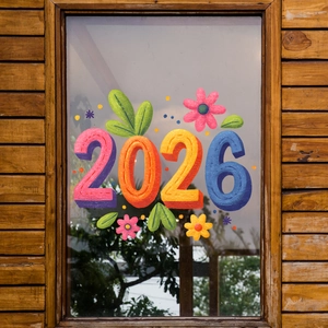 Dettaglio degli adesivi floreali colorati 2026 per finestre per decorazione di Capodanno