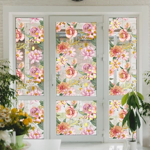 Floral bunny window stickers with gold stamping and watercolor roses on a white door