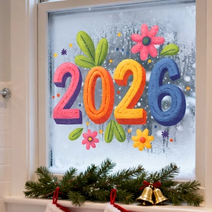 Dettaglio di adesivi 2026 floreali su vetro con decorazioni festive invernali casa