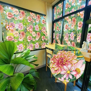 Detailed pattern of floral static window film with pink flowers and green leaves