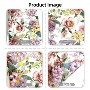 Detailed four-view shot of floral static window stickers with gold foil outlines
