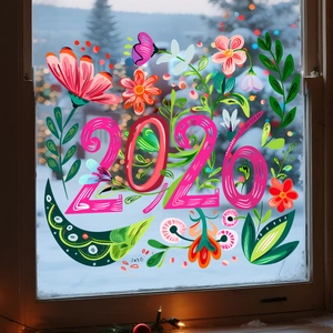 Dettaglio dell'adesivo elettrostatico floreale 2026 su una finestra innevata