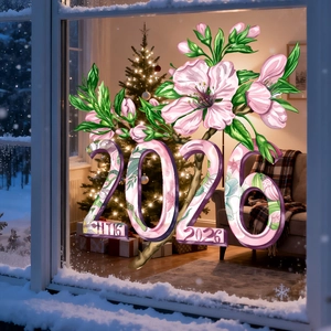Dettaglio dell'adesivo per finestre floreale 2026 con motivi rosa su un vetro innevato