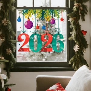 Dettaglio di vetrofanie per il Capodanno 2026 con cifre rosse e decori festivi