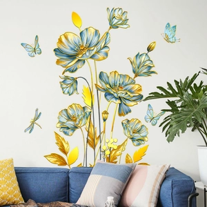 Blauwe Bloemen Goudstempelen Muursticker Creatieve Bloemen Vlinder Libel Zelfklevende PVC Sticker Voor Huisdecoratie