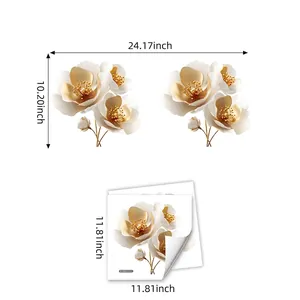 Size guide for golden floral static window stickers showing finished dimensions and two sheets