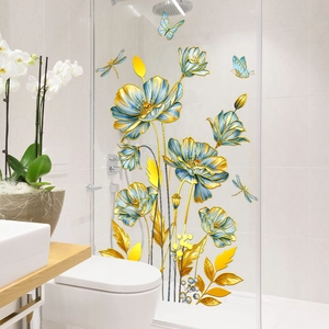 Blauwe en gouden bloemen muurstickers voor doucheglas en badkamerdecoratie