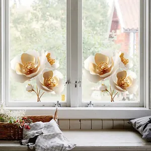 Floral Window Stickers Static Cling PVC Reusable Golden White Decals For Glass Surface Home Decor Living Room Bedroom