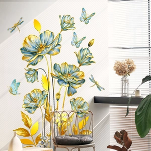 Muursticker met blauwe en gouden bloemen, vlinders en libellen voor woonkamerdecor