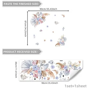 Detailed size chart for Bohemian floral wall decals with finished 90x87cm dimensions