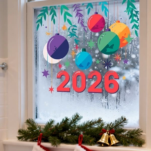 Dettaglio del numero 2026 rosso e ornamenti festivi su adesivo statico per finestre
