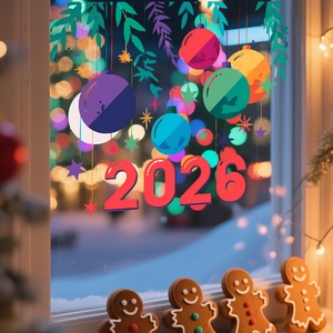 Dettaglio di vetrofanie rosse 2026 con motivi festivi colorati e sfondo invernale innevato